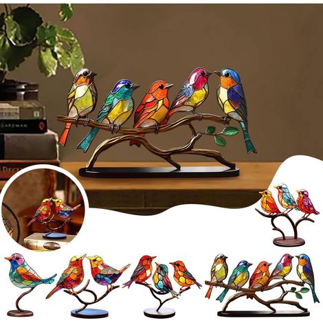 [Figuritas de animales] Escultura decorativa de acrílico multicolor, estatua plana y realista de 3 pájaros en una rama para el hogar o la oficina (2 piezas) (1/5)