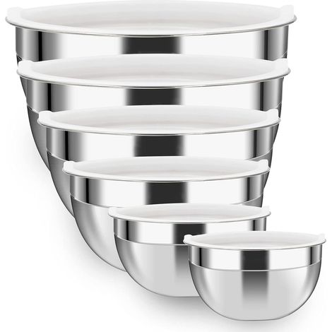 Bols à mélanger en acier inoxydable 18/10 304, lot de 6, avec couvercles hermétiques, gigognes pour un rangement peu encombrant, couvercles sans BPA, parfaits pour cuire, préparer (1/5)