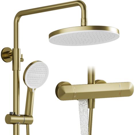 Columna Ducha, cuerpo de latón, sistema de ducha en oro cepillado Equipado con rociador superior de 280 mm, ducha de mano con 5+1 modos de chorro, grifo de bañera y altura y ángulo regulables (1/5)
