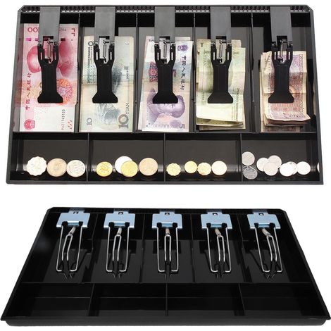 Plateau en matériau ABS avec clip métallique pour tiroir-caisse, plateau de rangement pour billets (noir) (1/5)