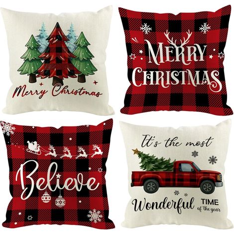 Fundas de cojín decorativas navideñas de 45 x 45 cm (juego de 4). Decoración navideña e invernal, estilo rústico, para salón o jardín. (1/5)