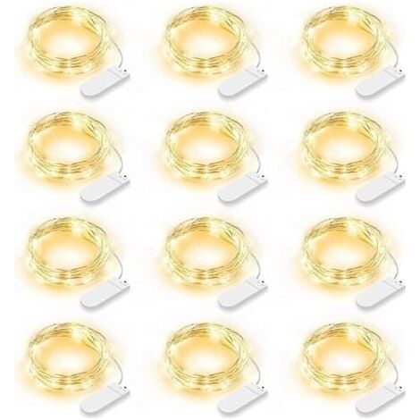 Lot de 12 Guirlande Lumineuse LED, Guirlande Lumineuse à Piles 2m 20 LEDs Fée Chane Lumières Guirlande IP65 étanche LED Déco pour Chambre Nol Mariage Fête Jardin, Blanc Chaud (Blanc Chaud) (1/5)