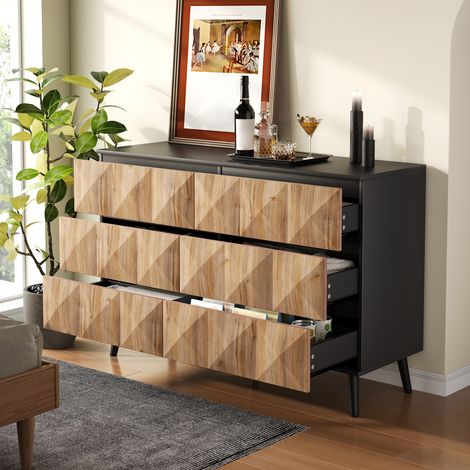 Buffet et commode aux tons noirs et bois naturel, avec portes en relief (1/5)