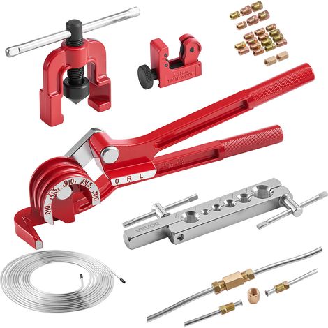VEVOR 5 tlg. Bremsleitung Bördelgerät Set, 45° Bördelwerkzeug mit 7,6m x 4,76mm Bremsleitung für Einfachbördelung, Rohraufweiter mit 20 Anschlüssen 2 Verbindern & Rohrbieger, Reparatursatz für KFZ