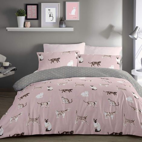 Housse de Couette Chat Rose 140 x 200 cm 1 taie d'oreiller Design réversible Rose et Gris Housse de Couette imprimé Patte Cadeaux Chat pour Femme Housse de Couette avec Chats (1/4)