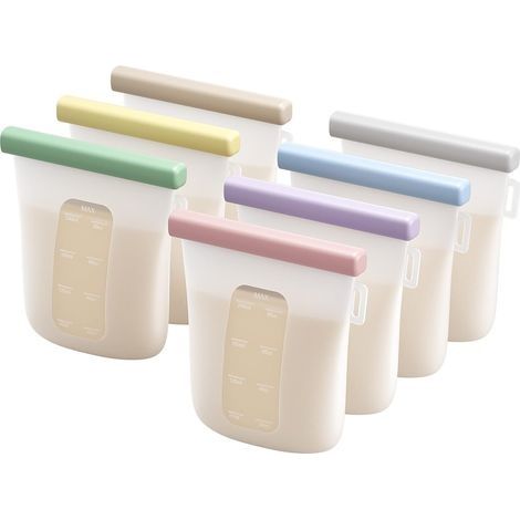 Silicone Sachet Conservation Lait Maternelle Lot de 7, Doublement Étanches Sac Congelation Lait Maternel, Sans BPA Sacs à Lait Autoportants de 8oz/240ml pour L'allaitement (1/5)