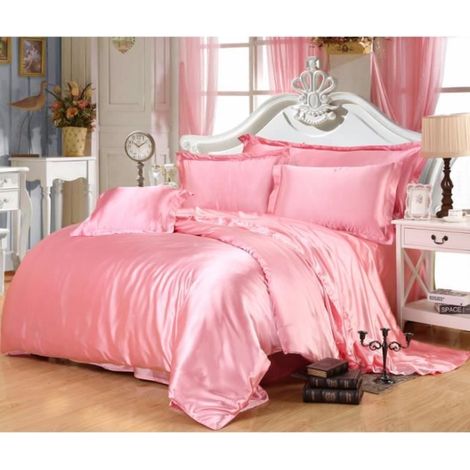 Parure de drap en Soie Satinée - Parure de lit 4 Pcs = 2 Taies d'oreiller, 1 Drap, 1 Housse de Couette - 220x240cm (1/4)