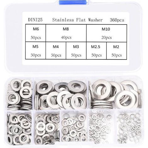 360 Pièces Inox Rondelles Plates Metal, pour Gonds de Porte, 8 Tailles Rondelles Acier Inoxydabl 304 - M2 M2.5 M3 M4 M5 M6 M8 M10 Rondelle Carrossier Inox (1/5)