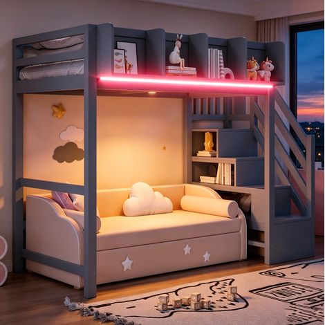 Hochbett 90x200 cm grau aus Holz mit LED, Sicherheitsgitter und Stauraum (1/5)