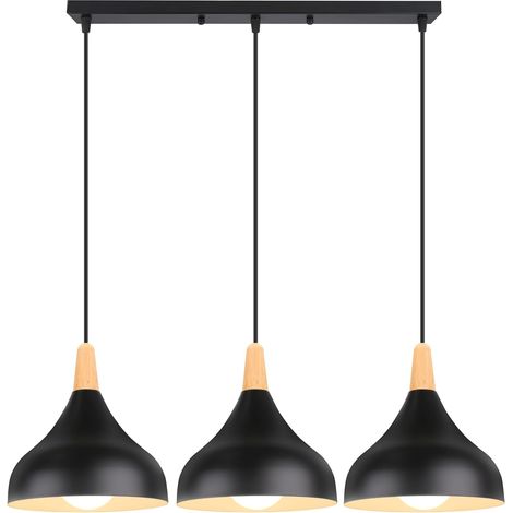 3 Lampes Suspension Luminaire Rétro E27 Lustre Suspension Moderne Style Goutte Chapeau Plafonnier Métal Bois Lampe de Plafond pour Salle à Manger Salon Cuisine, Ø 20CM (Noir, Barre) (1/5)