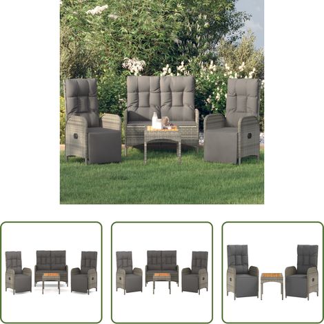 Gartenstuhl - 4-tlg. Garten-Essgruppe mit Kissen Grau Poly Rattan (1/5)
