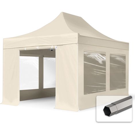3x4,5 m Faltpavillon, PREMIUM Stahl 40mm, Seitenteile mit Panoramafenstern, creme