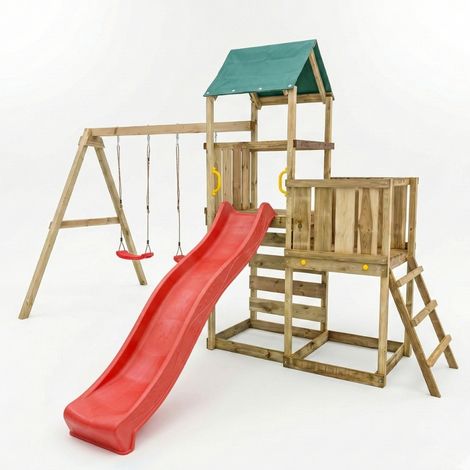 Parco giochi in legno Maxplay 3.1 con torre, scivolo rosso, doppia altalena e sabbiera (1/5)