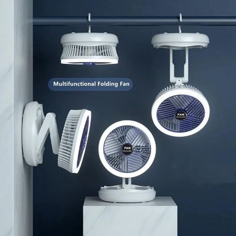 Zusammenklappbarer Tischventilator mit USB-Ladeanschluss, Wand- und Deckenhalterung, aus Kunststoff, mit verstellbarem LED-Licht, für Zuhause und Schlafzimmer (1/5)