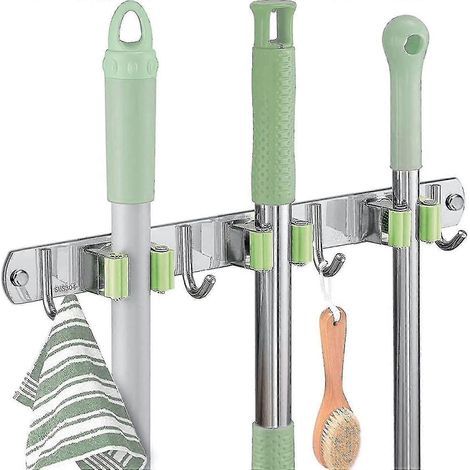 Porte-balais mural en acier inoxydable, avec 3 pinces et 4 crochets, support de rangement mural pour cuisine, jardin, balcon ou garage. (1/5)