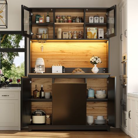 Meuble de rangement cuisine 120x40x180 cm, table haute d'appoint, buffet avec portes acrylique et éclairage LED, noir (1/5)