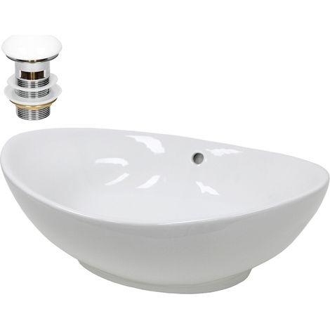 ECD Germany Waschbecken Waschtisch 590x390x200 mm Oval Keramik Weiß inkl. Ablaufgarnitur für Waschbecken mit Überlauf Aufsatzbecken Aufsatzwaschbecken Aufsatzwaschtisch Waschschale Spülbecken Becken (1/5)