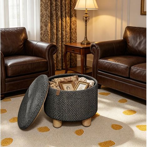 Runder Aufbewahrungshocker 39 x 39 x 33 cm, abnehmbarer Deckel, 21,5 L, dunkelgrau OKMYHOME (1/5)