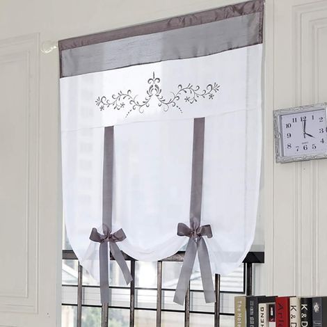 Store simple, gris, 60x140 cm, avec rideau en tulle brodé, tissu polyester, adapté pour chambre, cuisine, salle de bain, salon, balcon.