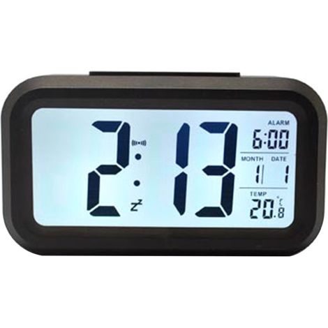 Sveglia elettronica creativa, con funzione snooze intelligente, calendario perpetuo, design nero (luce bianca).