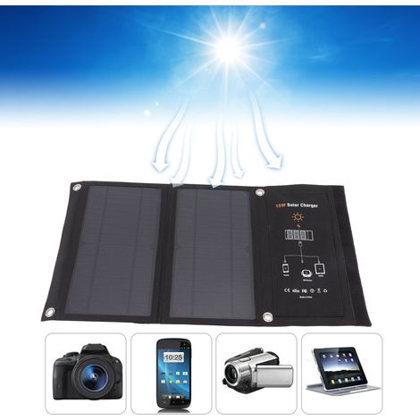 Chargeur solaire monocristallin 15 W, double port USB, pliable, batterie externe pour téléphone portable, noir (1/5)