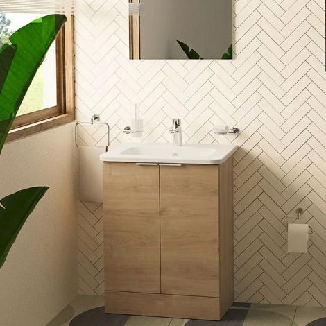 Vitra S20 Square Floor Standing 2-Door Vanity Unit and Basin 600mm Wide - Maple Oak (1/3)