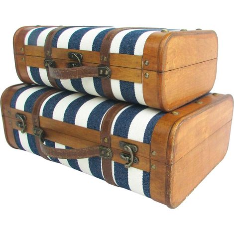 Maletas baúl de madera a rayas azul marino 45 cm, juego de 2 (1/3)