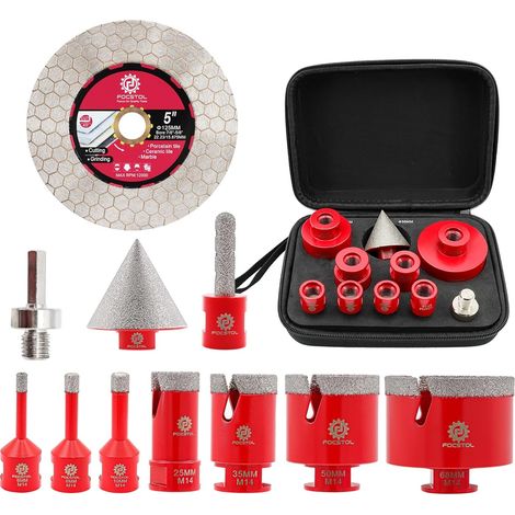 Foret Diamant Carrelage Kit - 11 pièces (6/6/8/25/35/50/68mm+10mm Fraise+50mm Mèches Chanfrein Biseautées+Adaptateur+125mm Disque) Scie Cloche Diamantée pour Porcelaine Carrelage Marbre Granit (1/5)