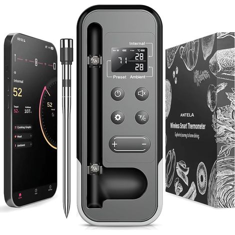 Thermomètre à Viande Intelligent Sans Fil, Bluetooth 5.3, Écran LCD, Contrôle APP Minuterie et Alarme, pour Gril, Four, Cuisine, Barbecue (1/5)