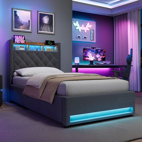 Lit 90x200 cm Rembourré Multifonction avec USB et LED, Structure à Lattes Large, Rangement Sous Lit, Velours Gris - Design Moderne (1/5)