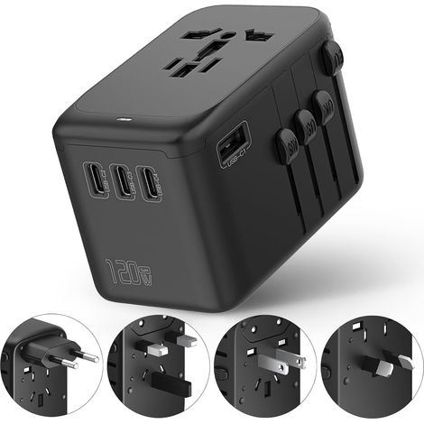 Adaptateur Voyage 120W Chargeur, GaN Adaptateur Universel de Voyage avec 1 USB-A, 4 USB-C and 1 PD à Charge Rapide de 100W, Adaptateur Prise Tout-en-Un pour EU, USA, UK, Japon (1/5)