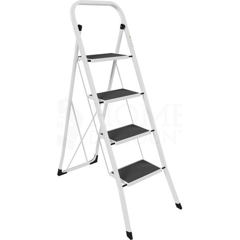 4-stufige Klappleiter aus Stahl mit rutschfester Matte, belastbar und tragbar, Weiß, H 127 x B 47 x T 90 cm