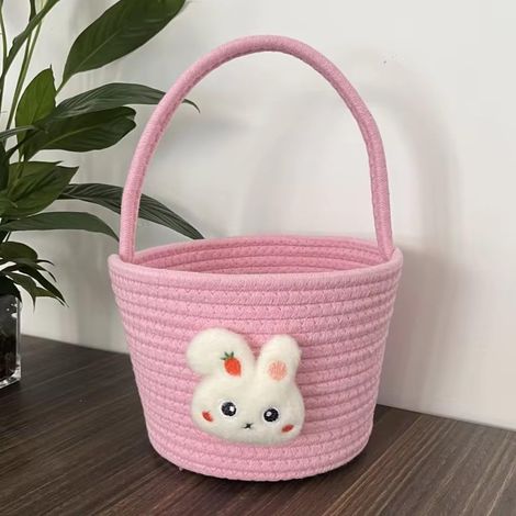 KOWOLL Paniers de Pâques en corde de coton avec anse, paniers en forme de lapin, adorables paniers en corde en forme de lapin pour la chasse aux œufs et le rangement des jouets (1/5)