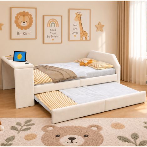 Lit enfant 90x200 cm velours beige, bureau, lit gigogne gain de place, sans matelas – MEUBLIV (1/5)