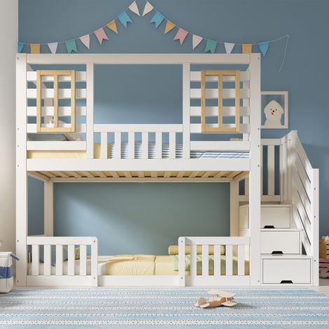 Lit superposé enfant 90x200 cm, bois massif, Lit mezzanine avec escalier de rangement - sommier à lattes, barrière de sécurité, 2 places, design moderne - Blanc