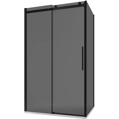 Cabine de douche 100x130 cm Porte coulissante et paroi fixe Profilés en aluminium Verre fumé 8mm noir mat avec traitement Easy-clean - Réversible h195 Mod. Creta