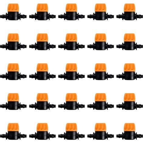 25 Pièces 4/7 Vanne D'irrigation, Mini Valves de Contrôle pour Tuyau d'arrosage 4/7mm, Valves d'arrêt Cannelées 1/4 Pouce Tuyau d'irrigation Goutte à Goutte, Mini Tuyau Vanne d'eau Travers