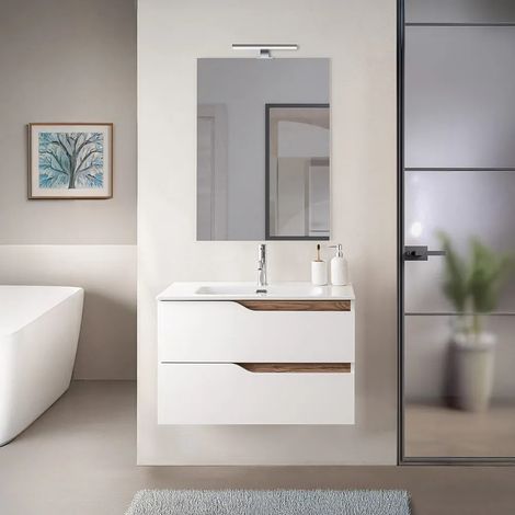 Mobile bagno sospeso 80 cm bianco e quercia con lavabo e specchio Sumya (1/5)