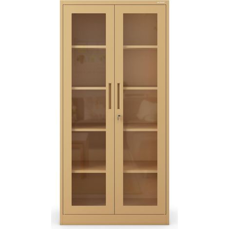Armoire de Bureau Metallique 185 x 90 x 40 cm Etagères Réglables en Hauteur 2 Clés Incluses Etagère en Acier Robuste avec Portes en Verre pour Le Rangement Beige (1/5)