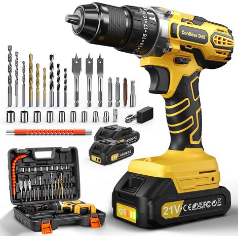 21V Perceuse Percussion Sans Fil, 45Nm Perceuse Visseuse Devisseuse Sans Fil avec 2 Batteries 2,0Ah, 25+3 10mm Mandrin Métallique 2 Vitesses Perceuses à Percussion Viseuse Electrique Outils Bricolage (1/5)