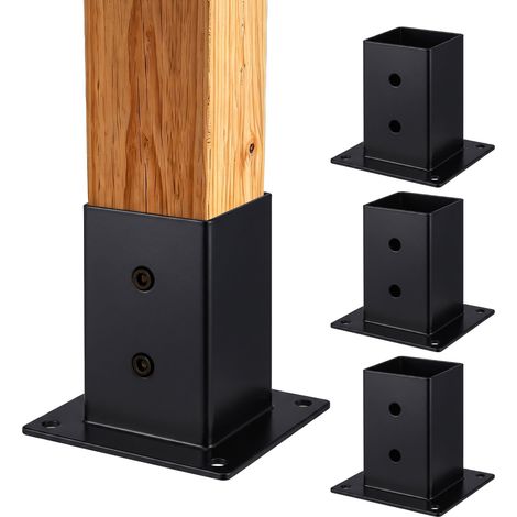 Juego de 4 soportes para postes Relaxdays galvanizados, base atornillable, protege madera 7x7 cm, base de acero negro (1/5)