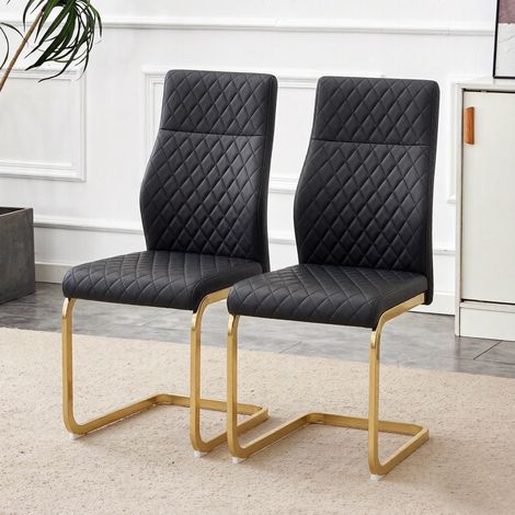 Lot de 2 chaises de salle à manger, chaise de cuisine et salon confortable, simili cuir PU et métal doré dossier haut capitonné, Noir et Doré (1/5)