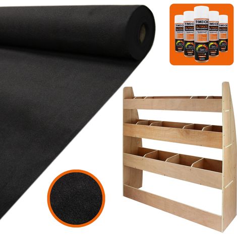 Kit de moqueta negra T-Mech con adhesivo gratis y estantería de contrachapado para furgoneta Caddy SWB – 11 m² de cobertura y 14 compartimentos ajustables (1/5)