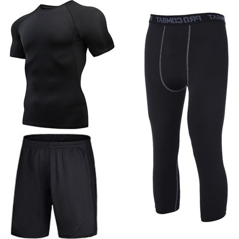 Ensemble de sport à séchage rapide pour homme, t-shirt d'été à manches courtes, vêtements d'entraînement, équipement de course, collants, tenue de basketball trois pièces (1/5)