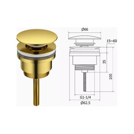 Bonde de vidange à pression en laiton doré pour lavabo, grand couvercle 66mm, mécanisme à ressort fileté G1-1/4, hauteur réglable (1/4)