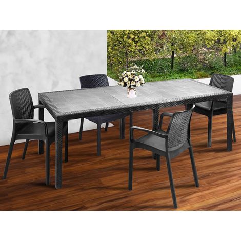 Dmora - Mesa de exterior Manarola, Mesa de comedor rectangular extensible con 4 sillas incluidas, Mesa y asientos de jardín efecto ratán, 100% Made in Italy, Antracita, con embalaje reforzado