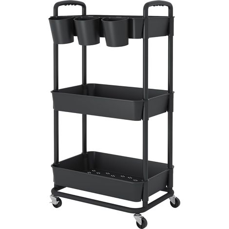 1 Chariot de Rangement à 3 Niveaux, Roues Verrouillables, Poignées Intégrées, Gobelets Suspendus, Cuisine Salon Salle de Bain Bureau Noir (1/5)