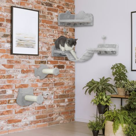Kletterwand-Spielset für Katzen mit Sisalstämmen, Doppelplattform mit Leiter und 1 Sprungplattform, Grau