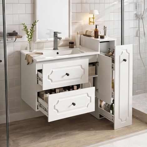 Meuble de salle de bain blanc en céramique et panneaux (1/5)