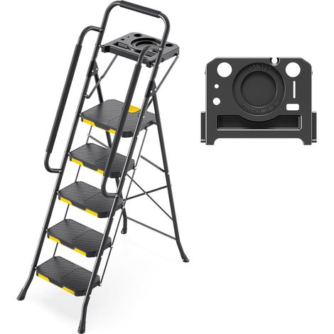 5 Step Ladder with Tool Tray and Wide Non Slip Pedal, Folding Step Step with Handrails, Home Ladder for Home, Kitchen, Pantry, Cupboards and Office, Black (1/5)